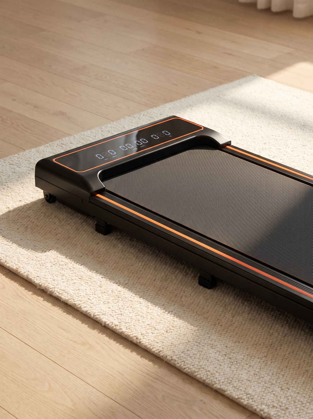 Close detail of the walking pad deck, side rail and front console