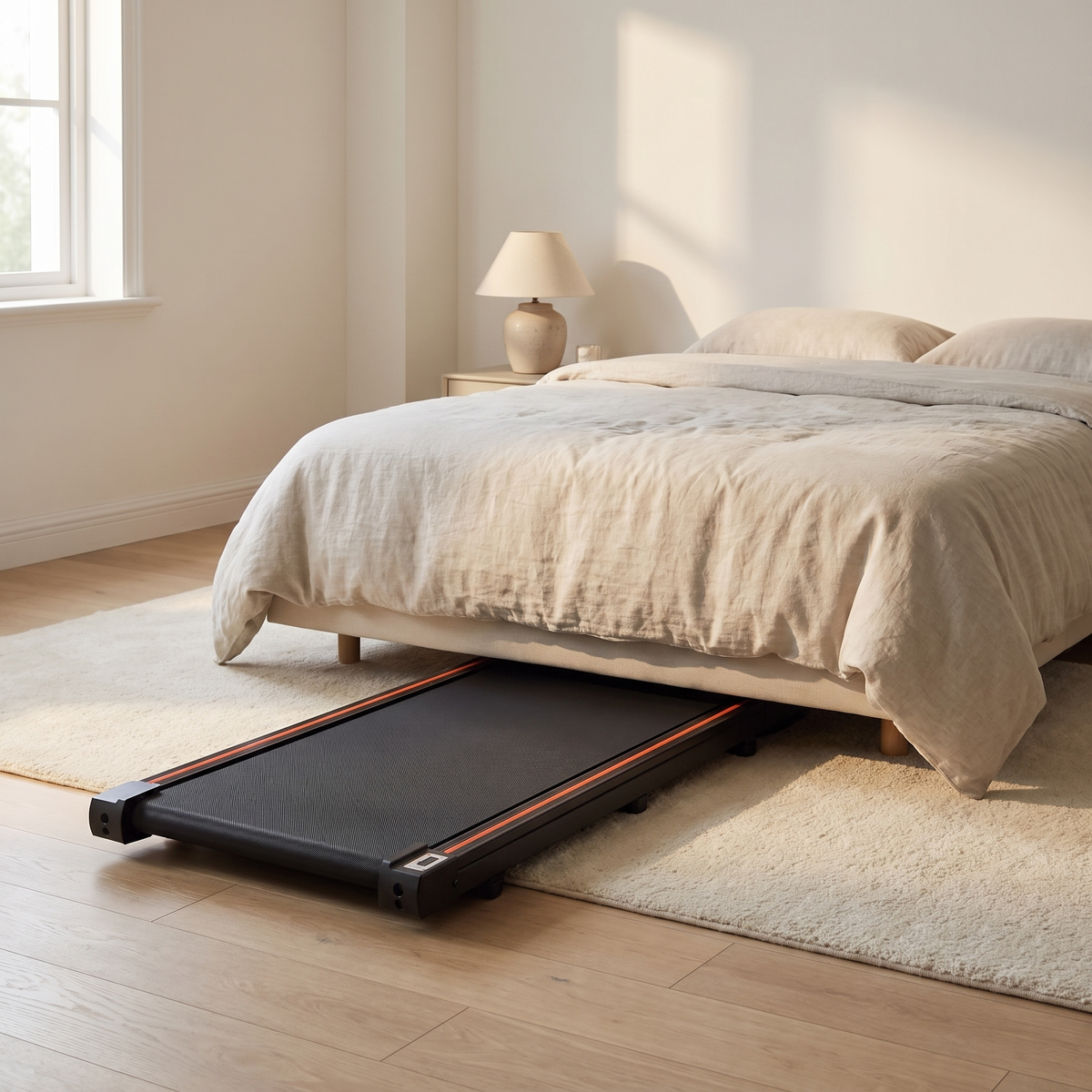 Walking pad stored flat under the edge of a bed