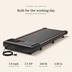 Key numbers: 3.8 mph top speed, 2.5 HP peak motor, 340 lb maximum user weight, 3.58 inch deck height