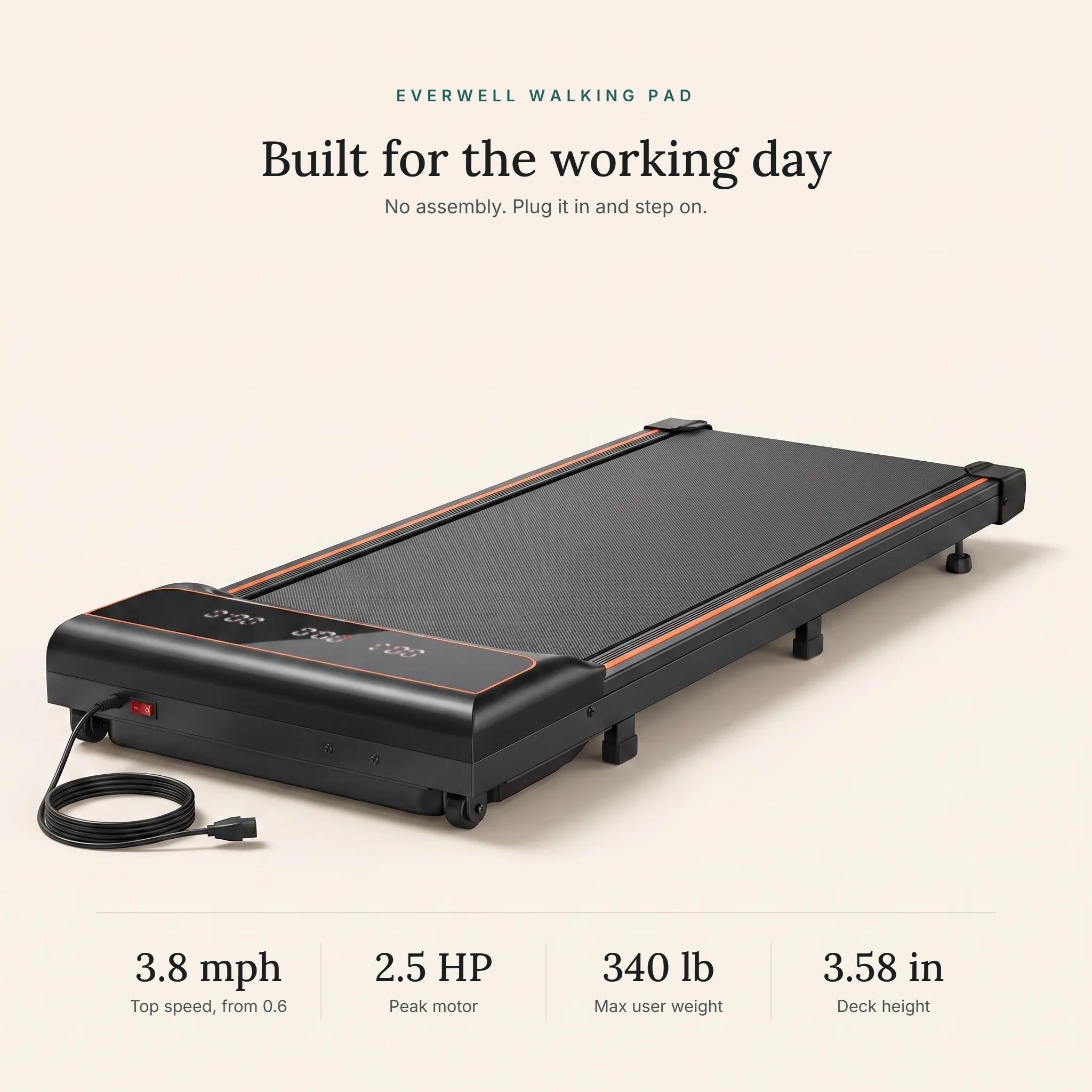 Key numbers: 3.8 mph top speed, 2.5 HP peak motor, 340 lb maximum user weight, 3.58 inch deck height
