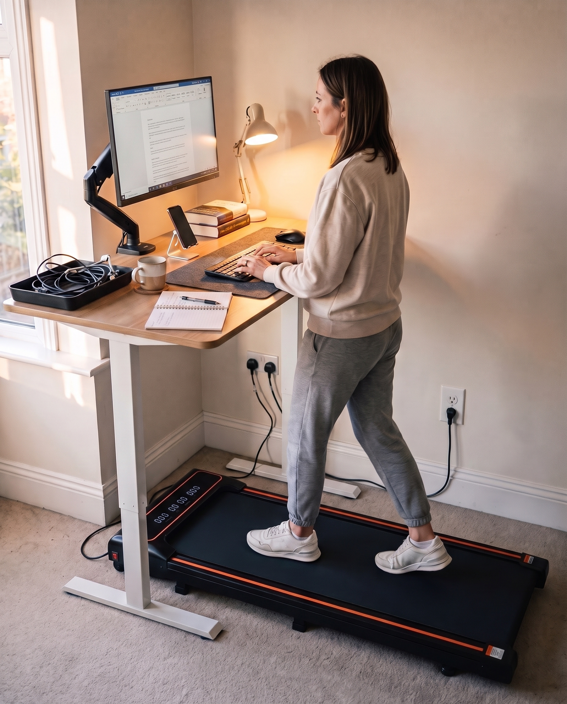 Woman walking on the Everwell walking pad at a standing desk in a home office