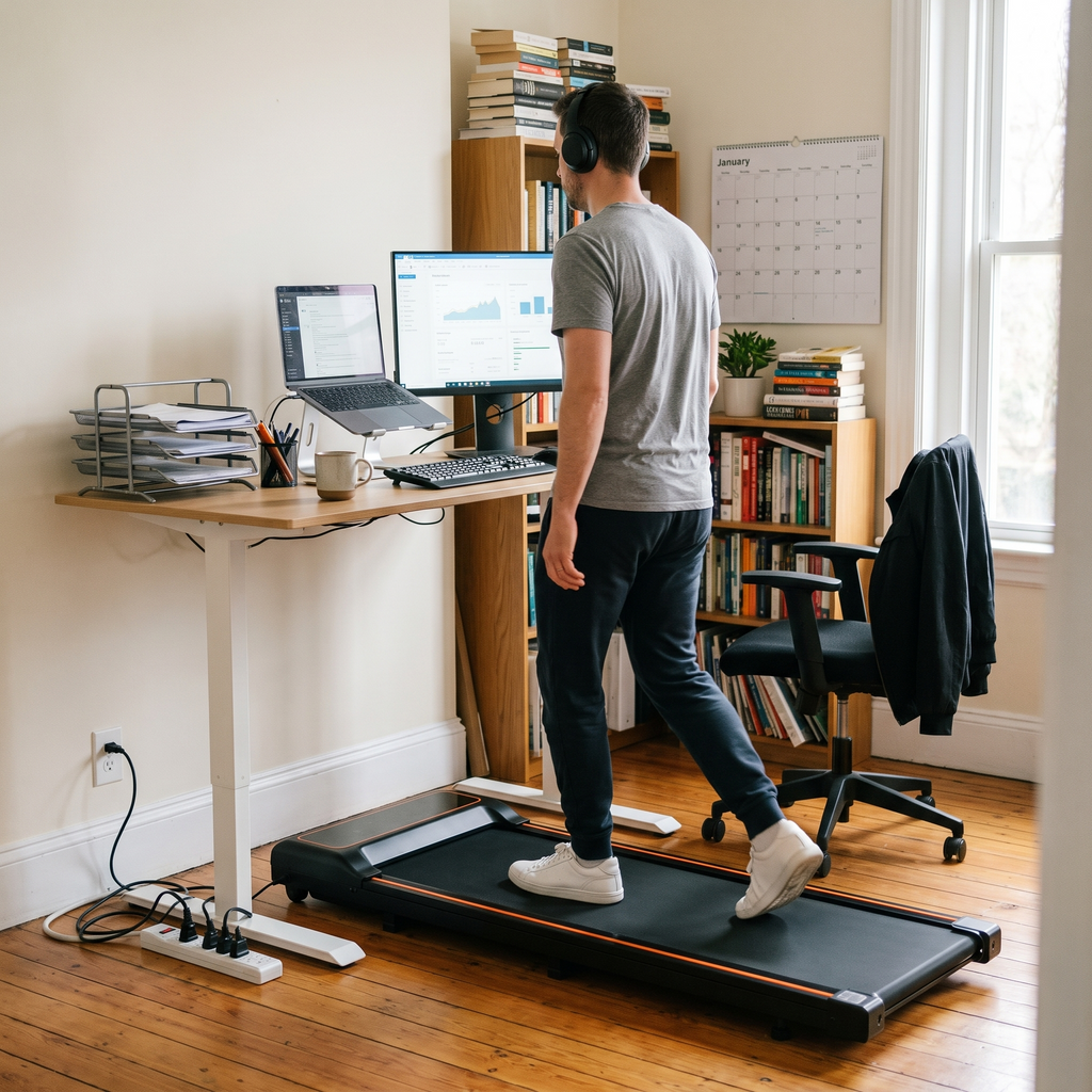 Man walking on the Belva walking pad at a standing desk while working