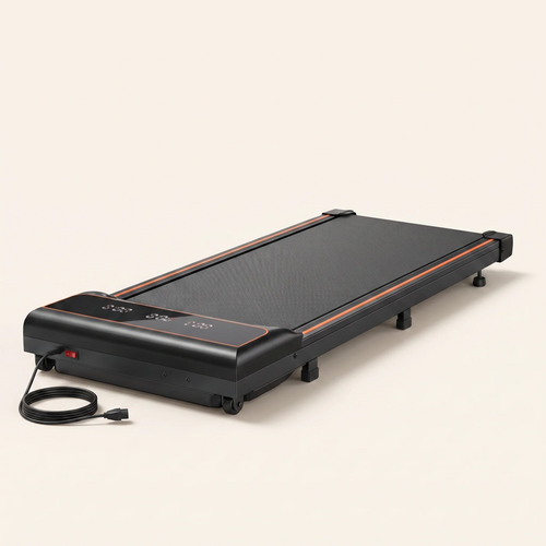 Belva walking pad treadmill, three quarter view on a plain background