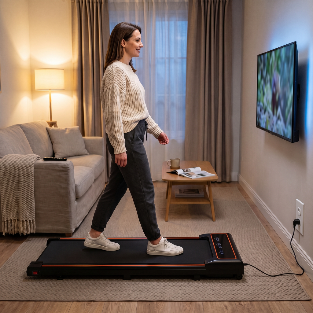 Woman walking on the Belva walking pad in front of the television in the evening