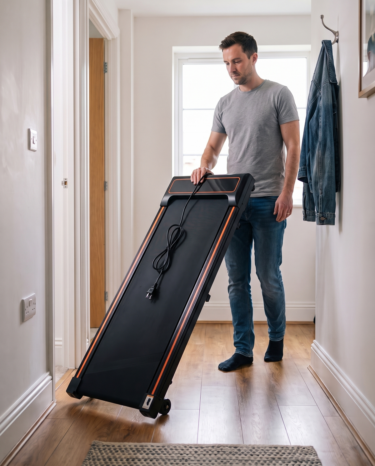 One person moving the Everwell walking pad on its built in transport wheels