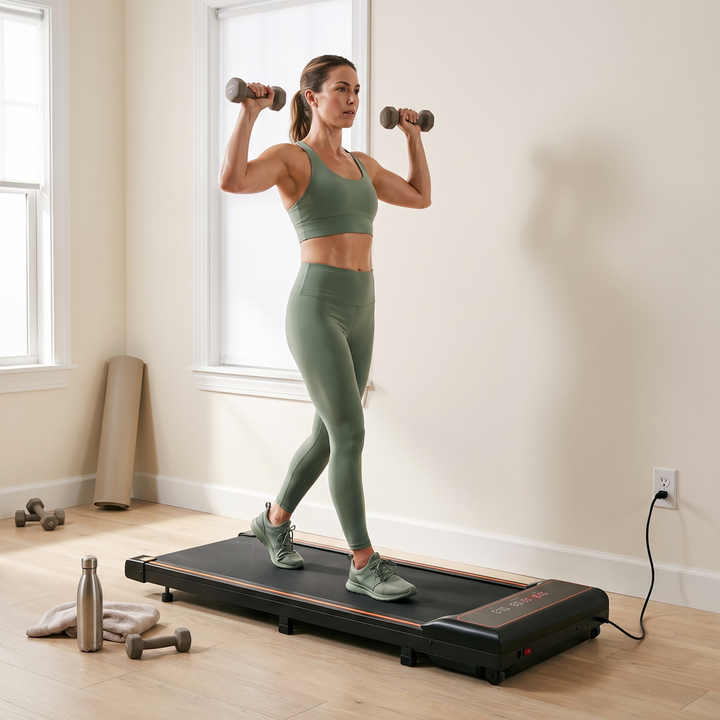 Woman pressing light dumbbells overhead while walking on the Belva walking pad