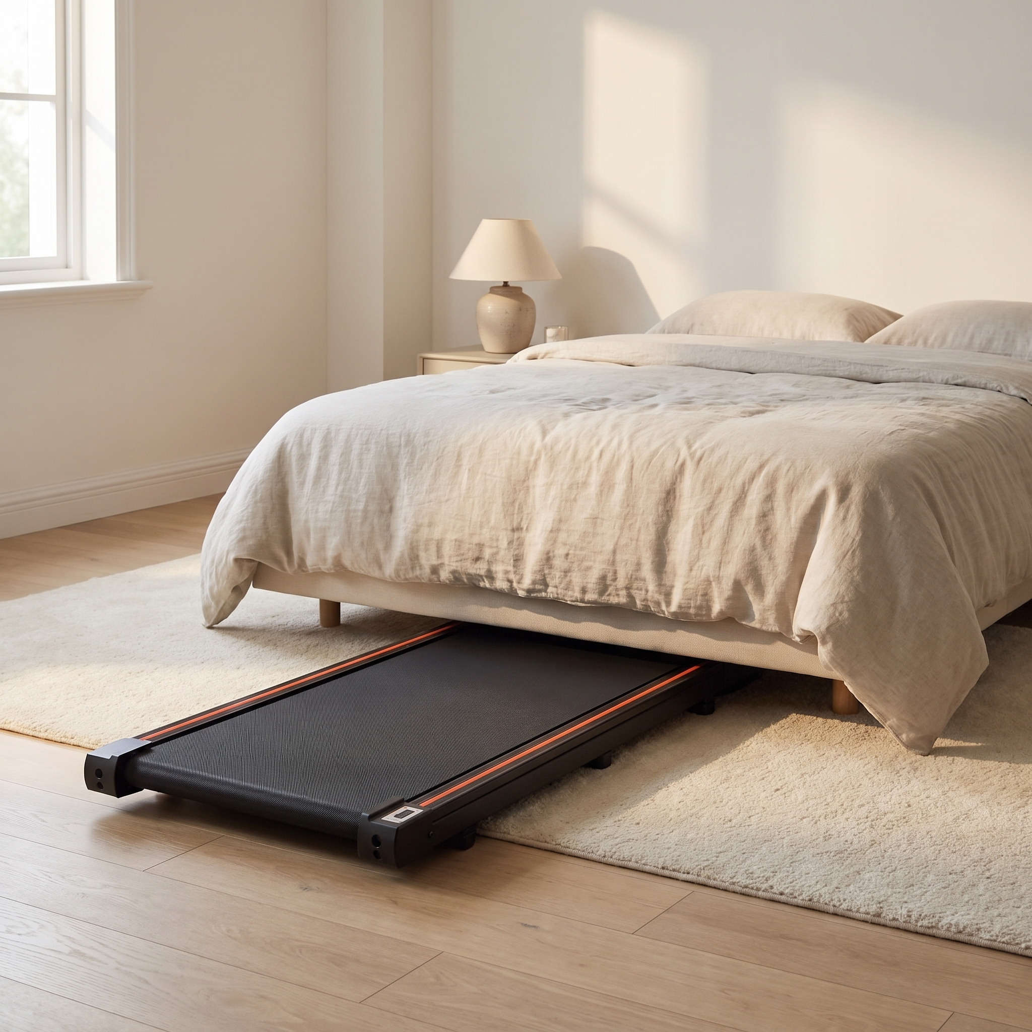 Everwell walking pad stored flat under the edge of a bed